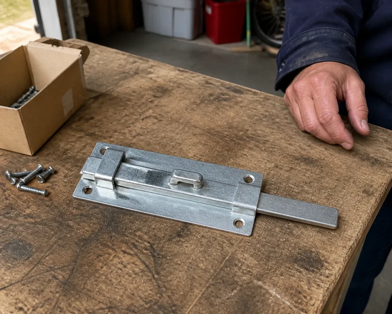 A detached metal slide bolt with mounting holes and retaining guides rests beside screws on a workbench. — Garage Door Manual Lock Repair, Mississauga