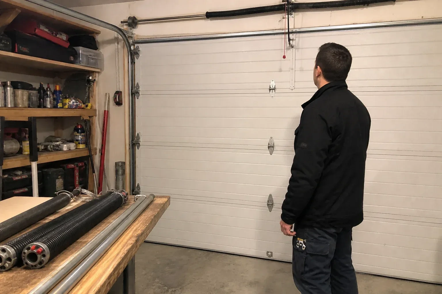 Person in a jacket facing a closed white sectional door, with coiled springs and steel tubes on a wooden bench. — Extension Spring Replacement, Mississauga