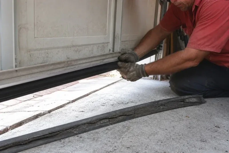 Person fitting a black strip along the bottom edge of a partly raised garage door, with a cracked strip lying on the floor. — Garage Door Bottom Seal Replacement, Mississauga