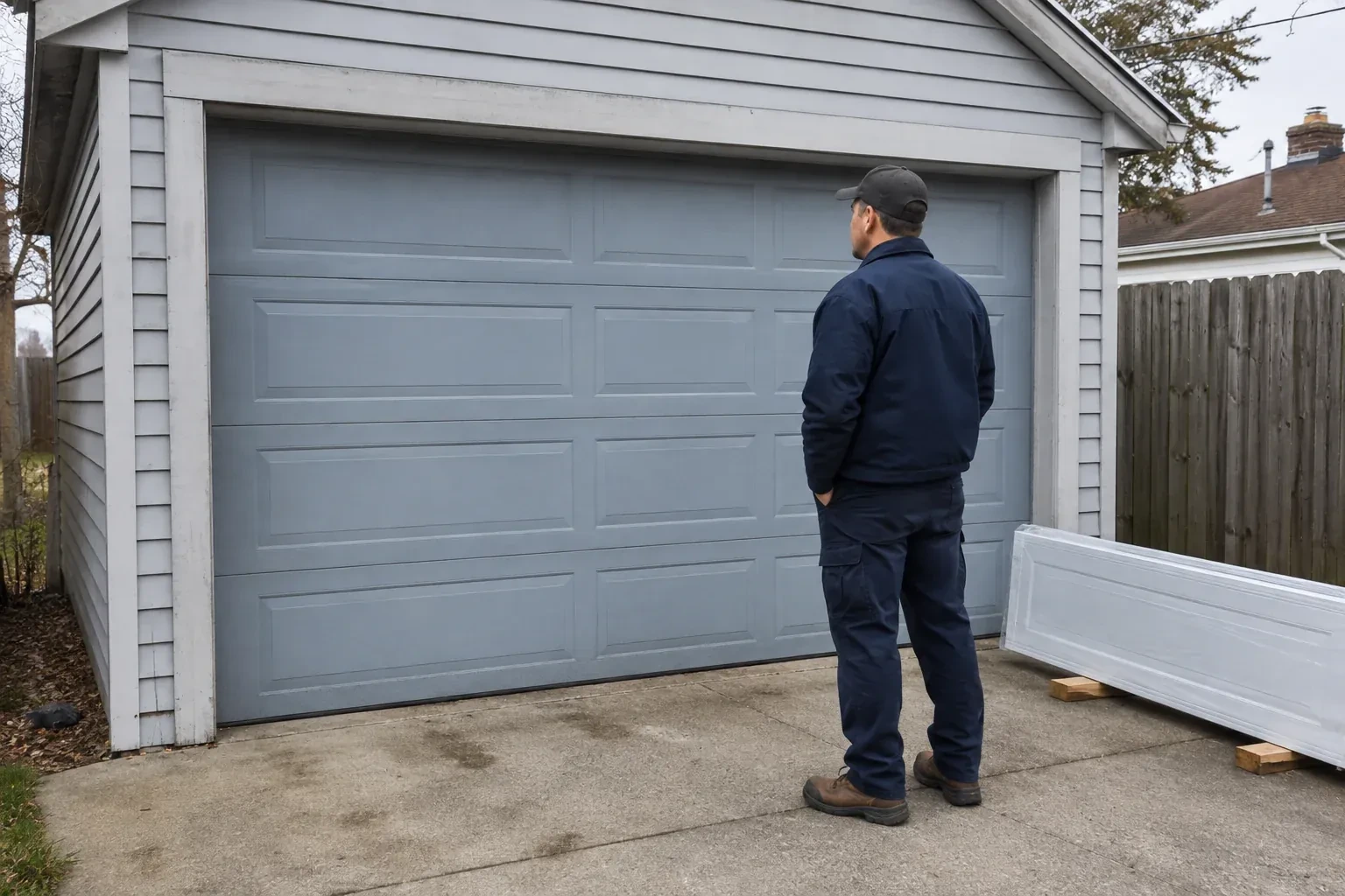 A person examines a blue-grey sectional garage door with a packaged door panel resting beside the driveway. — Sectional Garage Door Replacement, Mississauga