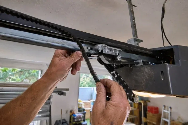 Hands holding a loose toothed belt beside the rail and trolley of an overhead garage-door opener. — Belt-Drive Opener Repair, Mississauga