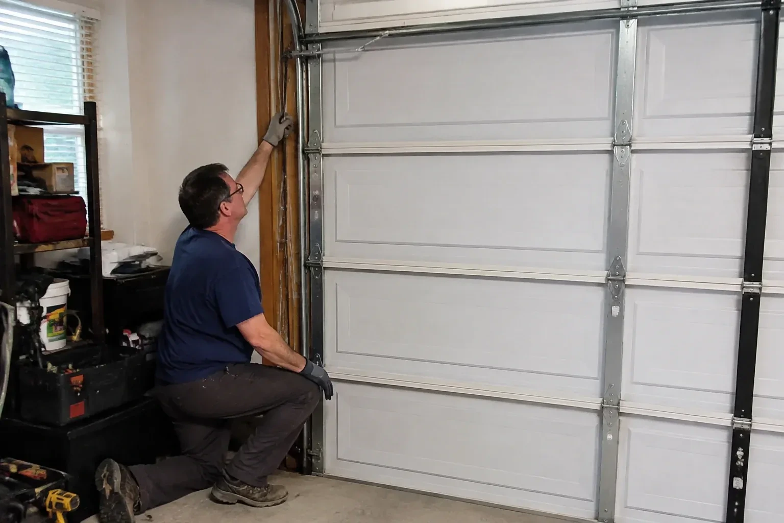 Person kneeling inside a garage reaching up along the vertical track of a white paneled door, with a toolbox and drill nearby. — Garage Door Cable Replacement, Mississauga