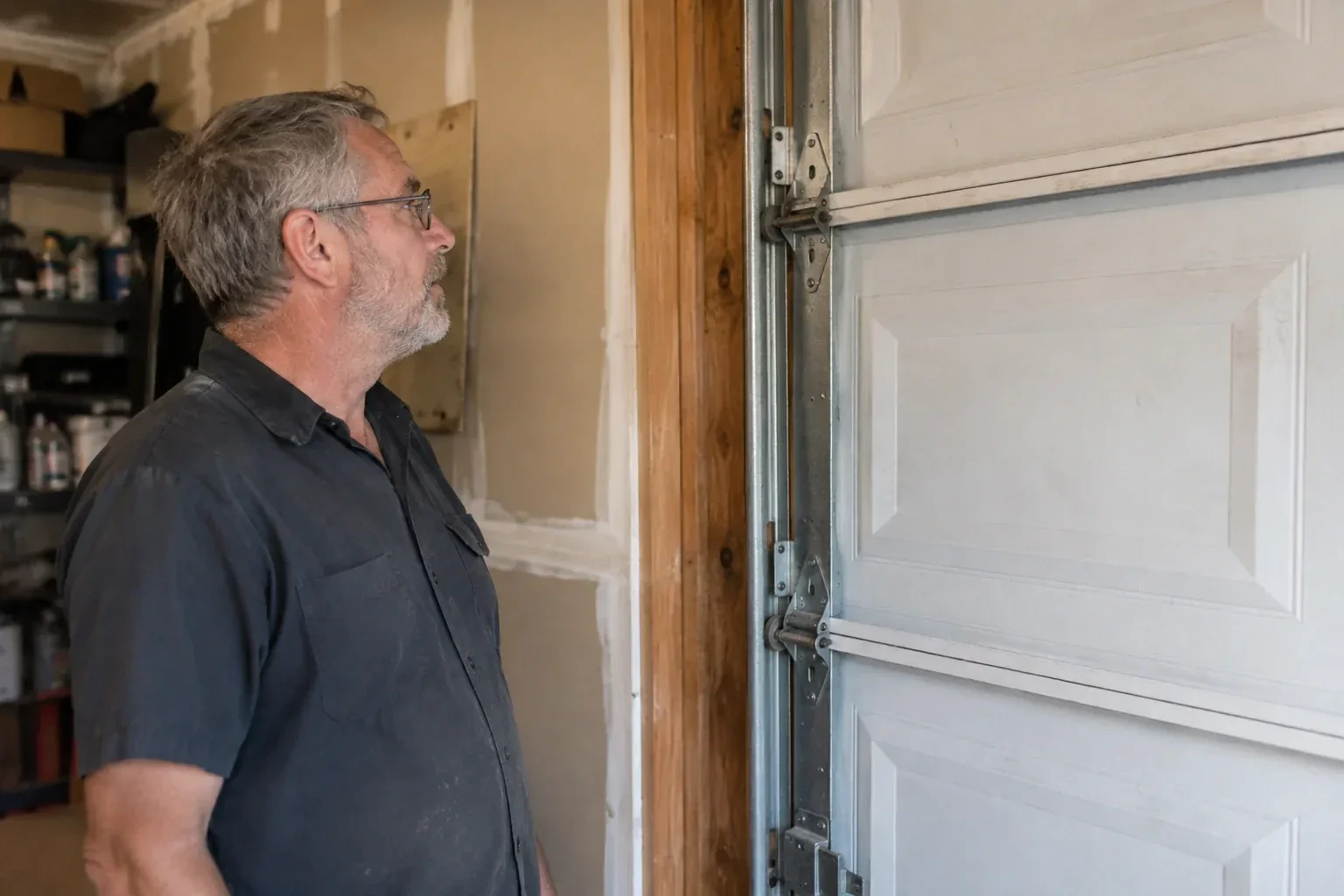 Technician looking at vertical garage door track and edge hinges. — Garage Door Track Repair or Replacement, Mississauga