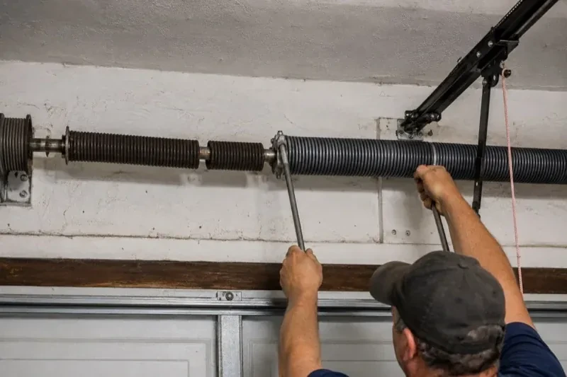 Person holding metal bars beside exposed coiled springs above a garage door. — Torsion Spring Replacement, Mississauga