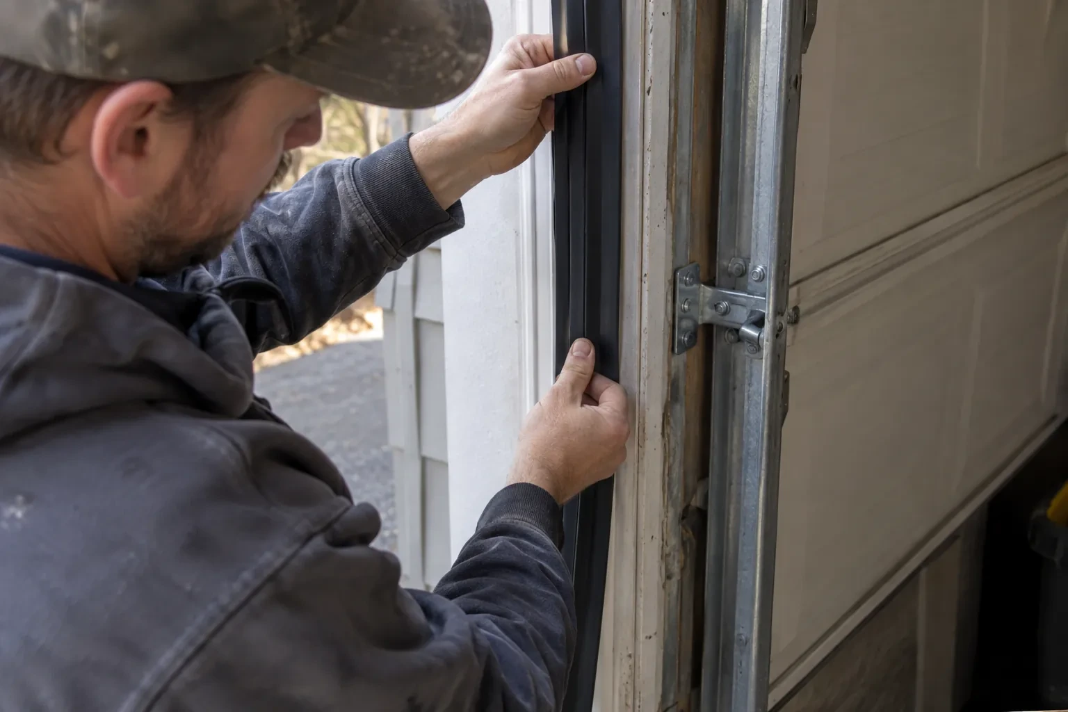 Hands pressing a black rubber strip along a wooden door frame beside a metal track and a hinge bracket.