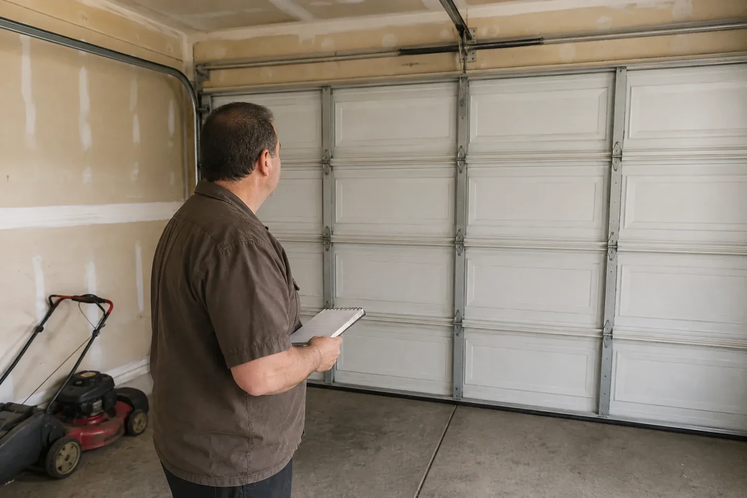 Technician holding a notebook while looking at a closed sectional door. — Garage Door Balance Adjustment, Mississauga