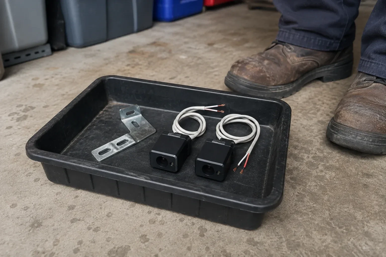 Two detached black sensors with recessed lenses and coiled wires lie in a tray beside a mounting bracket. — Photo-Eye Sensor Alignment or Replacement, Mississauga