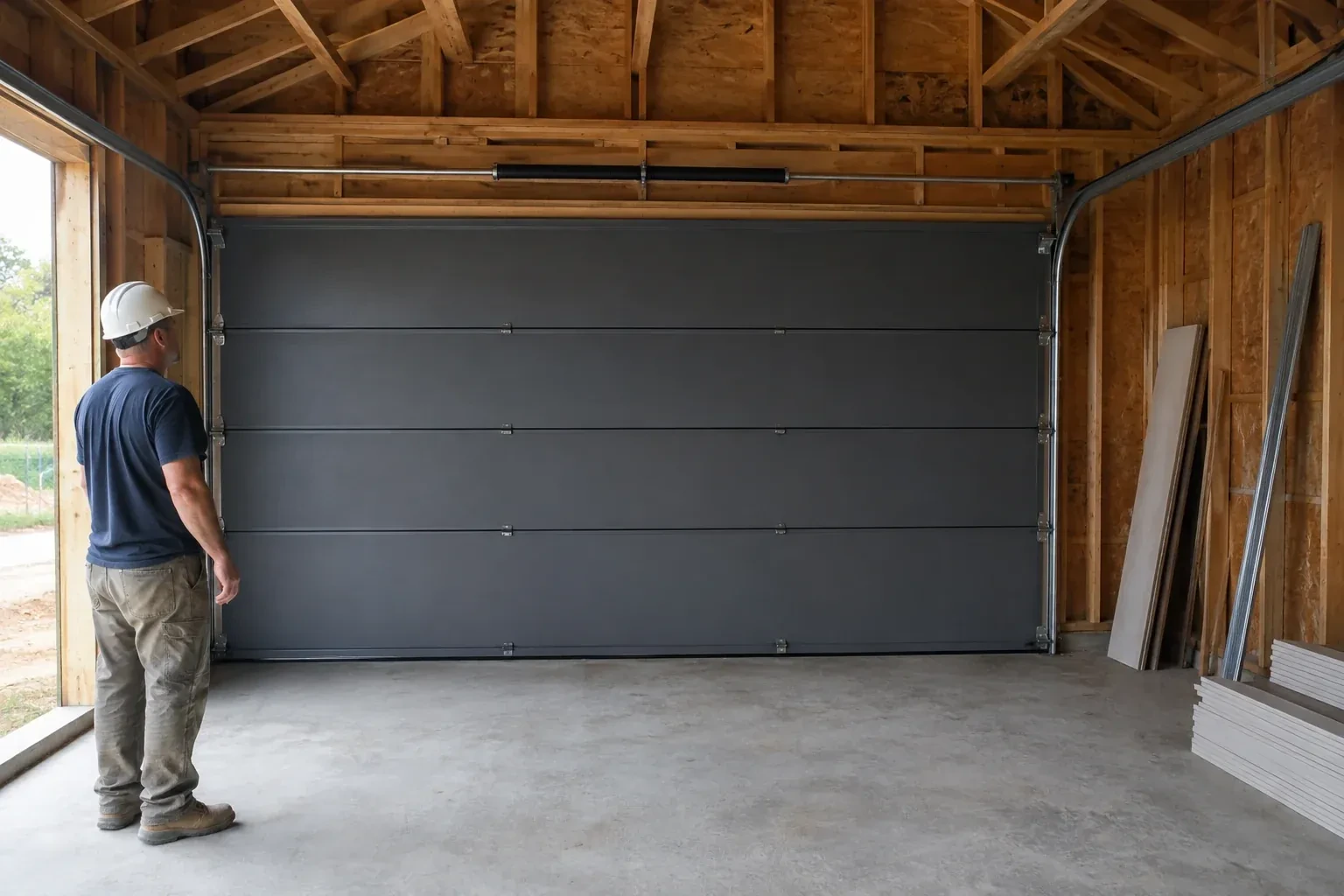 A person wearing a hard hat stands beside a dark sectional door in an unfinished timber-framed garage. — New-Construction Garage Door Installation, Mississauga