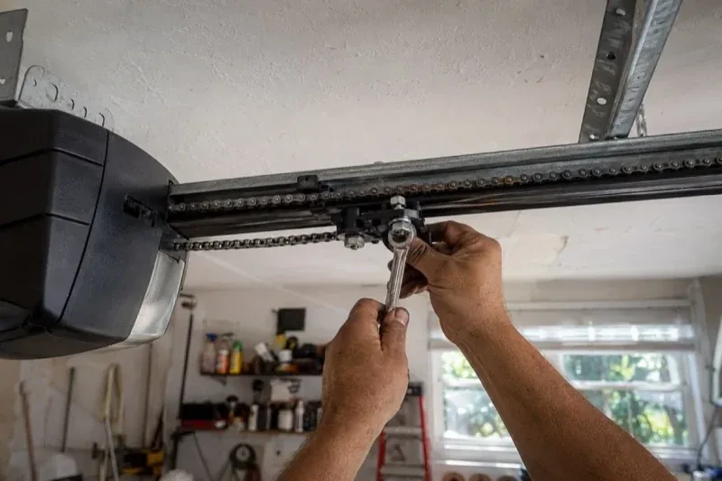 Hands holding a wrench against an opener trolley beneath a chain rail — Chain-Drive Opener Repair, Mississauga